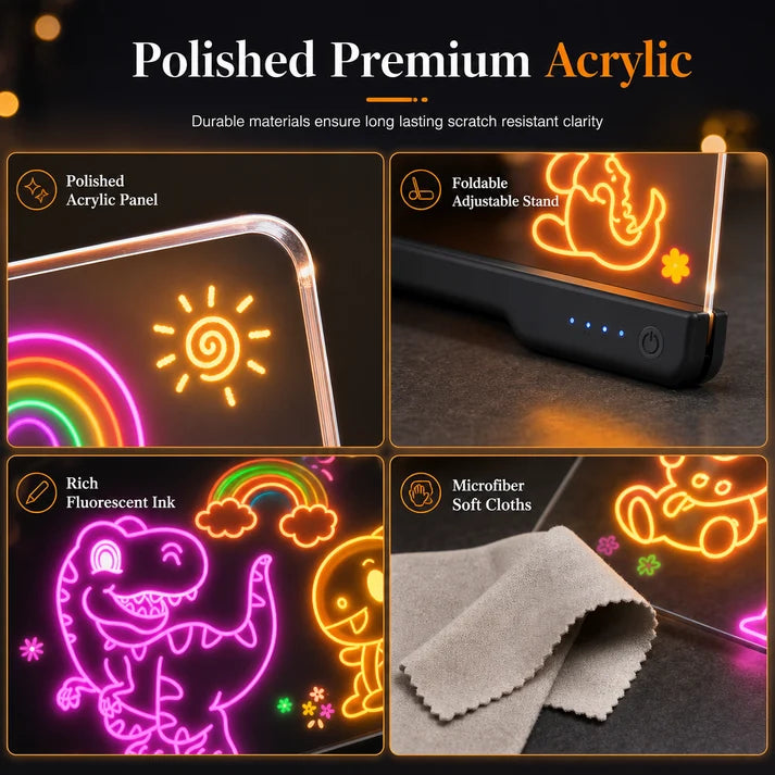 ⏰Rechargeable LED Acrylic Message Board with 7 Fluorescent Pens 30x20cm Light Up Drawing and Writing Pad for Kids DIY Doodle