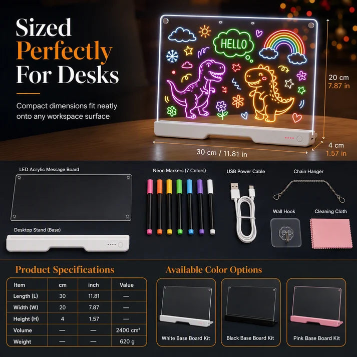 ⏰Rechargeable LED Acrylic Message Board with 7 Fluorescent Pens 30x20cm Light Up Drawing and Writing Pad for Kids DIY Doodle