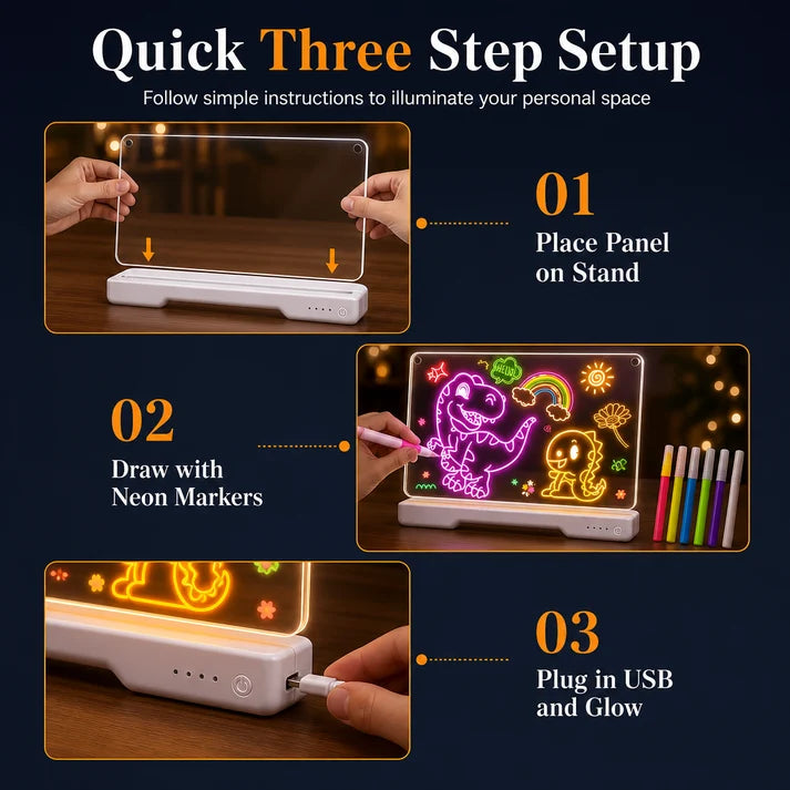 ⏰Rechargeable LED Acrylic Message Board with 7 Fluorescent Pens 30x20cm Light Up Drawing and Writing Pad for Kids DIY Doodle